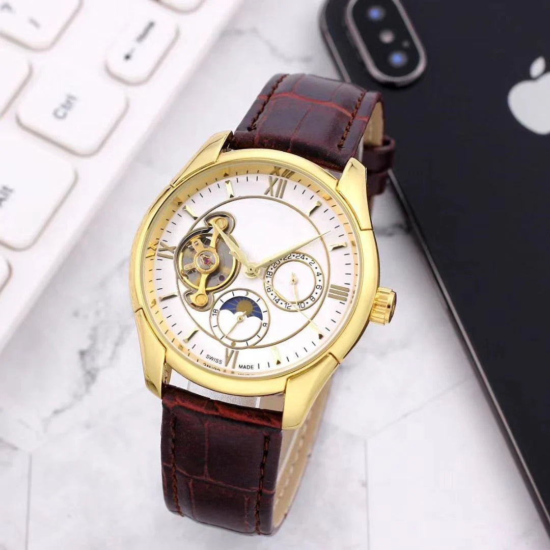 Elegant mechanical watch with a leather strap and stainless steel horseshoe buckle.