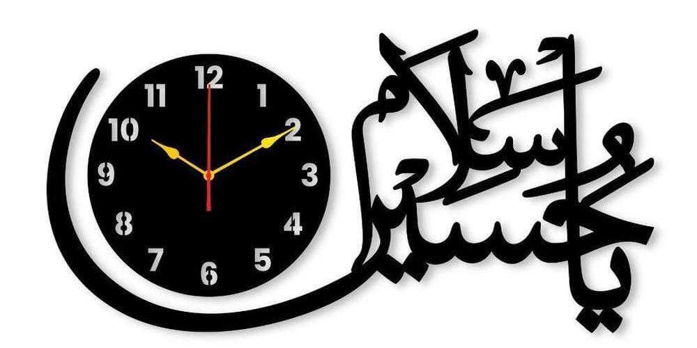 Calligraphy Art Wall Clock with Light in Black Color, 12x20 Inches, MDF Material