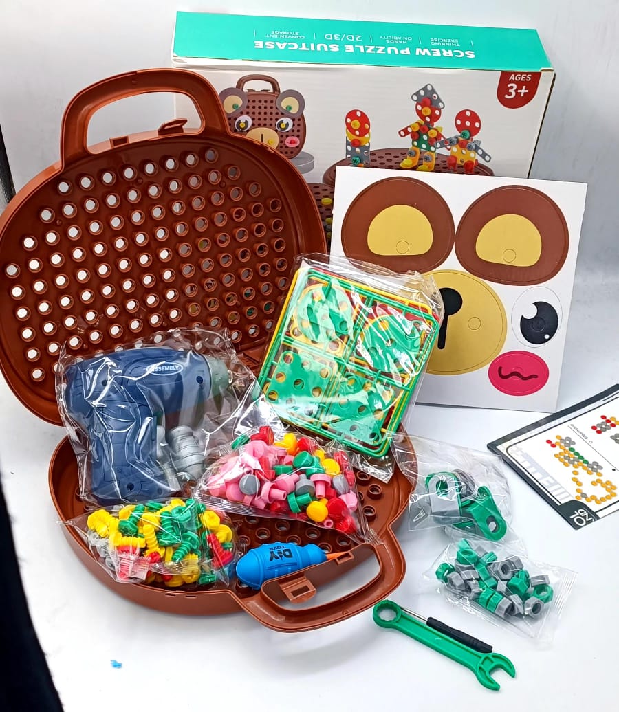 EssenceHomy DIY Screw Puzzle Suitcase with colorful nuts, bolts, and an electric drill, fostering creativity and STEM learning for kids.