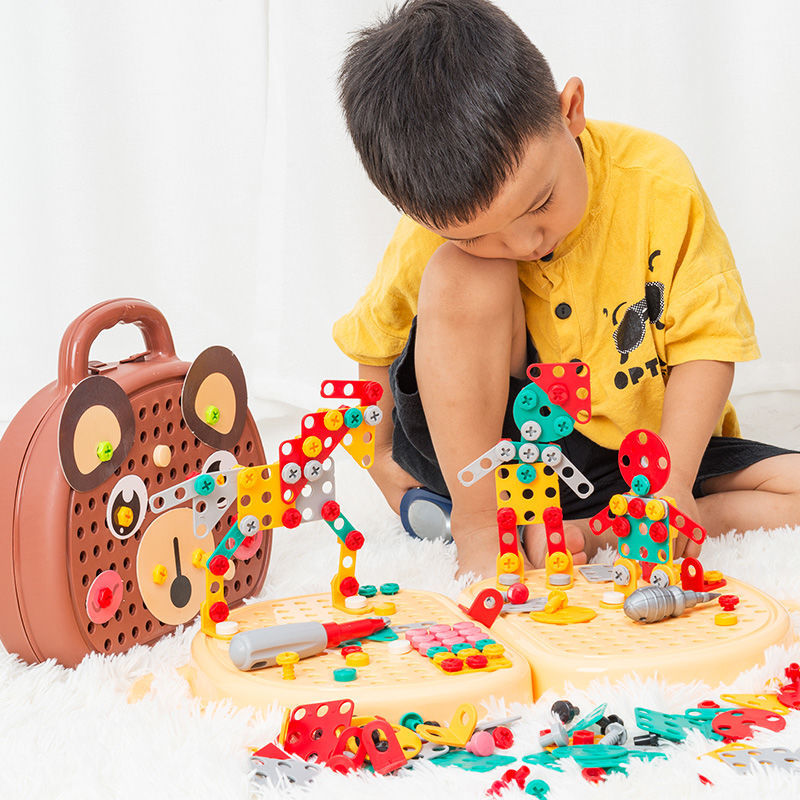 EssenceHomy DIY Screw Puzzle Suitcase with colorful nuts, bolts, and an electric drill, fostering creativity and STEM learning for kids.