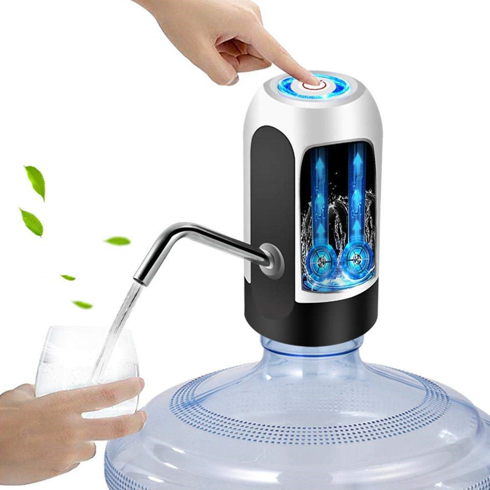 The EssenceHomy USB rechargeable electric water dispenser pump attached to a 5-gallon water bottle, featuring a stainless steel spout and one-touch operation for easy, safe, and convenient water dispensing.