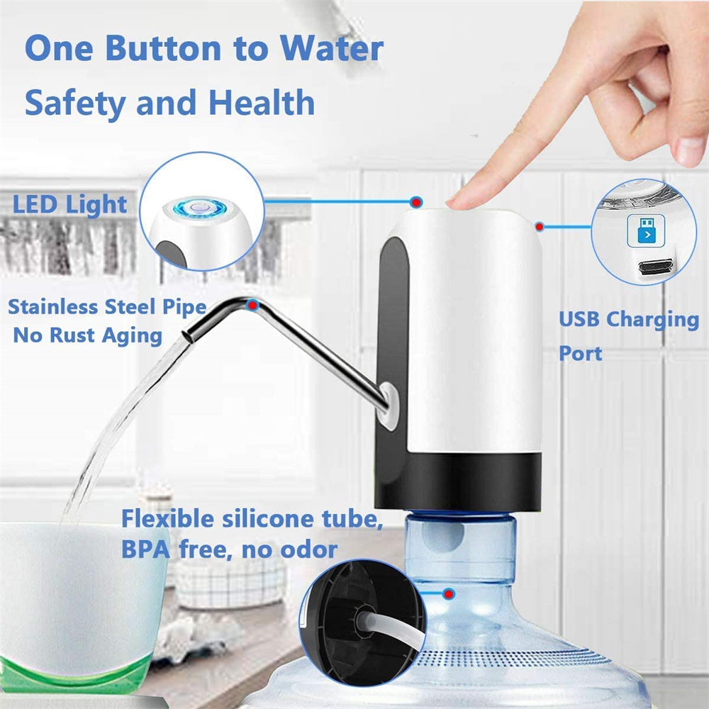 The EssenceHomy USB rechargeable electric water dispenser pump attached to a 5-gallon water bottle, featuring a stainless steel spout and one-touch operation for easy, safe, and convenient water dispensing.