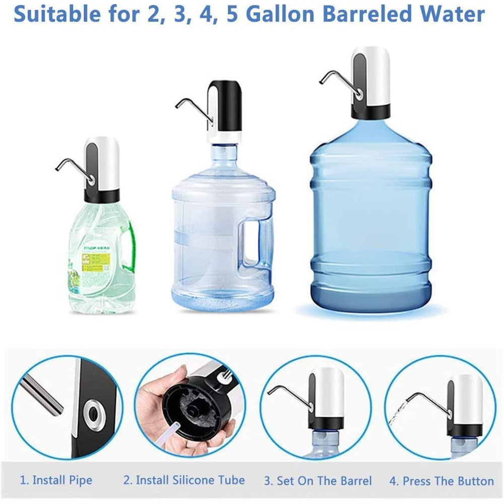 The EssenceHomy USB rechargeable electric water dispenser pump attached to a 5-gallon water bottle, featuring a stainless steel spout and one-touch operation for easy, safe, and convenient water dispensing.