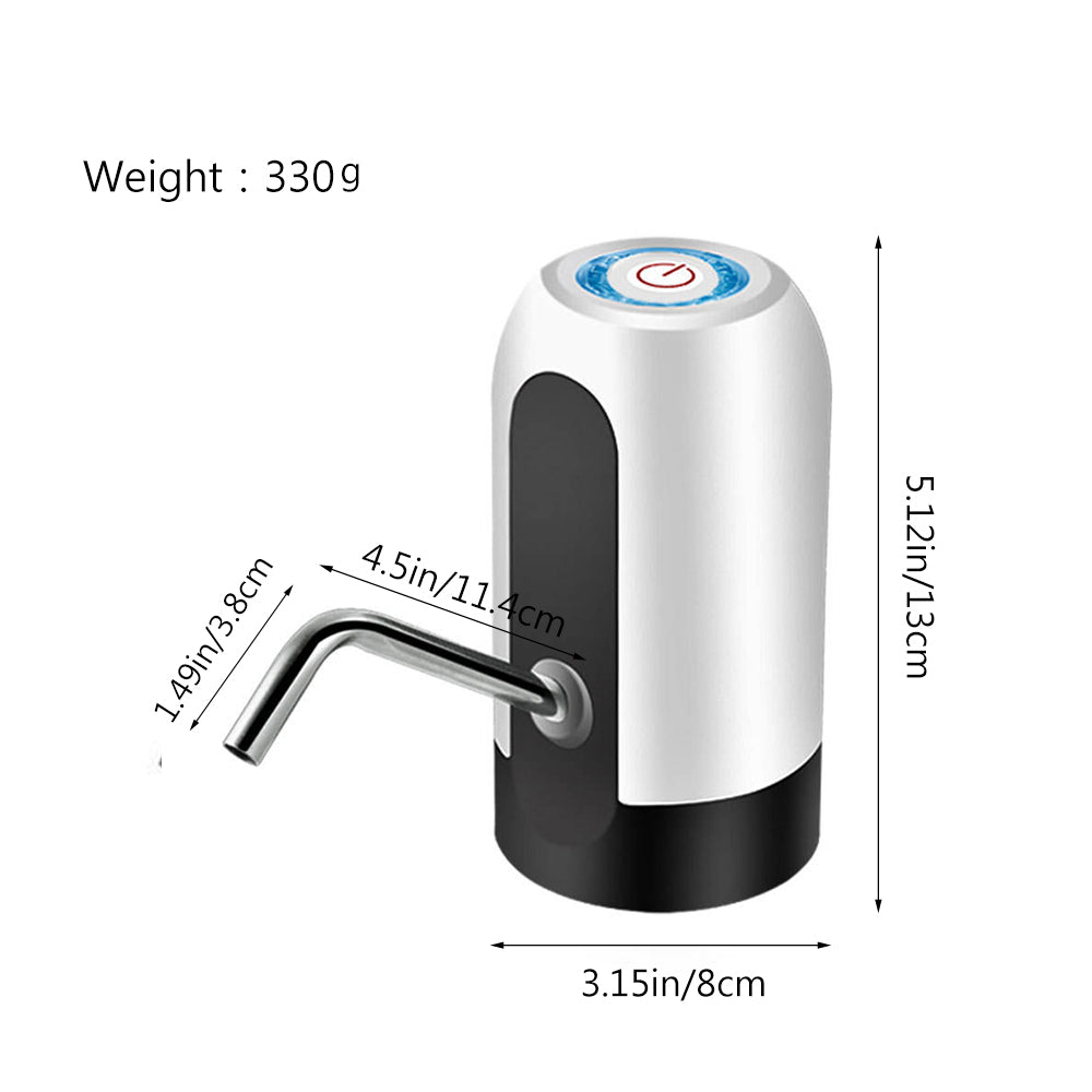 The EssenceHomy USB rechargeable electric water dispenser pump attached to a 5-gallon water bottle, featuring a stainless steel spout and one-touch operation for easy, safe, and convenient water dispensing.