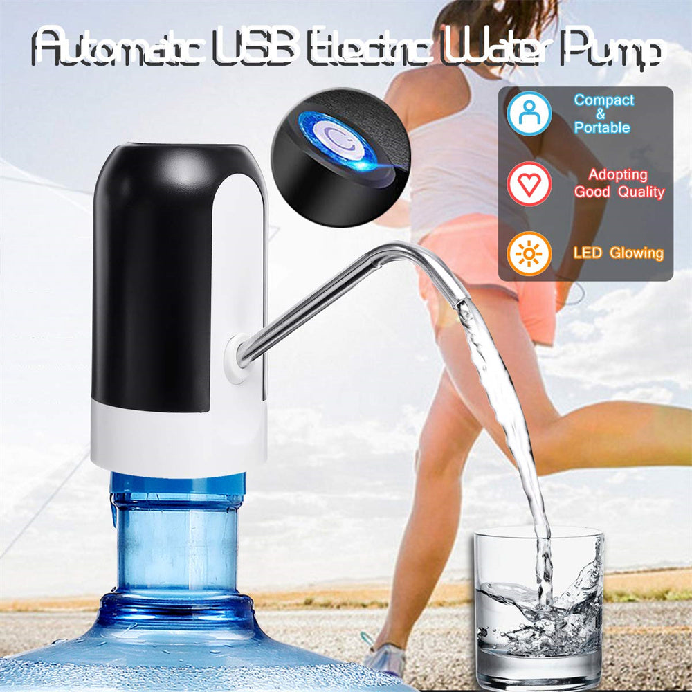 The EssenceHomy USB rechargeable electric water dispenser pump attached to a 5-gallon water bottle, featuring a stainless steel spout and one-touch operation for easy, safe, and convenient water dispensing.