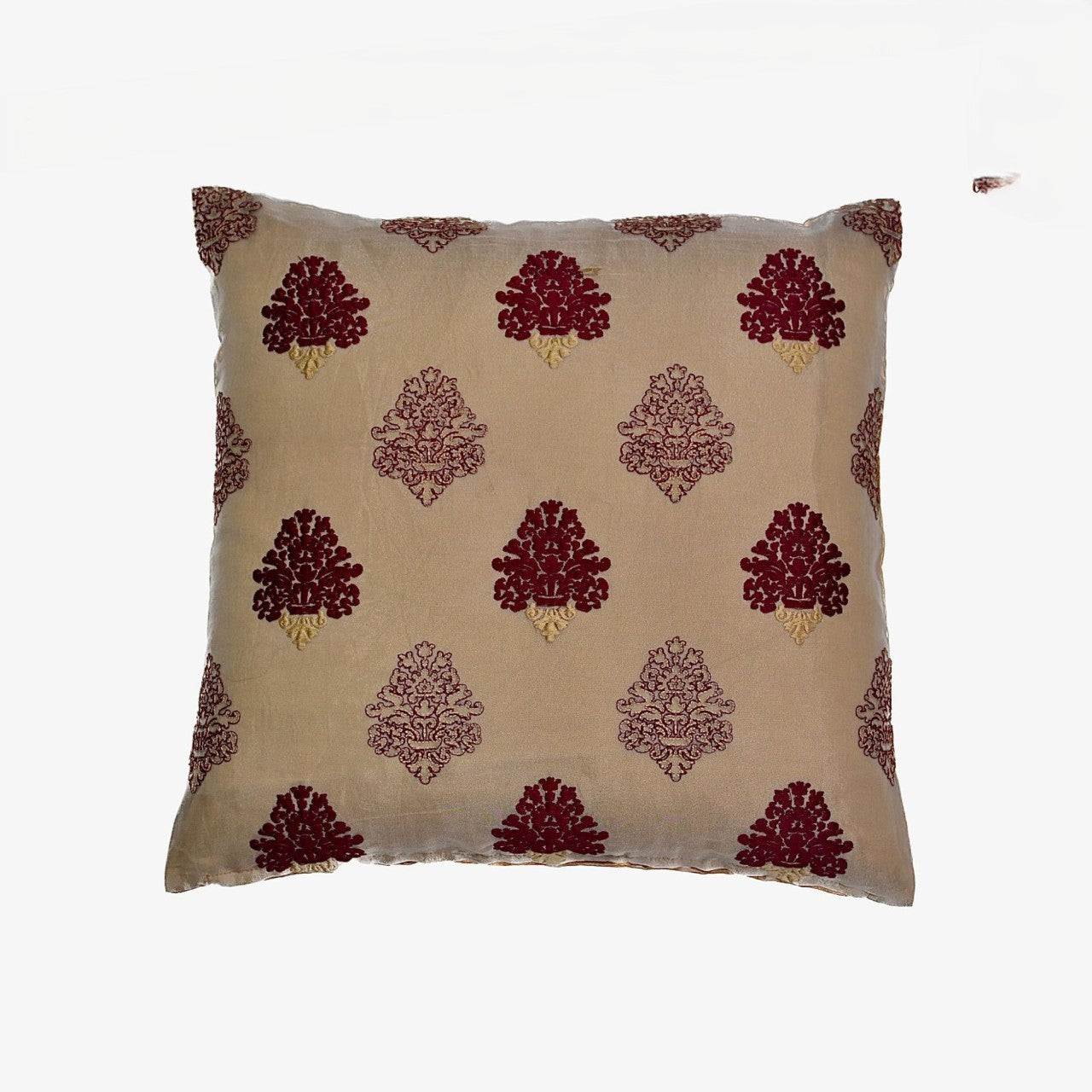 Golden Damask Maroon Elegance Cushion & Cushion Cover with intricate golden embroidery on maroon Organza, 18x18 inches, luxurious home decor