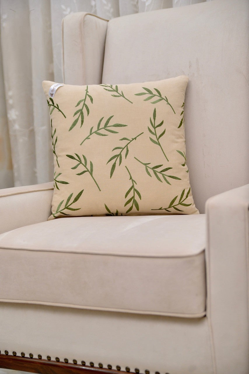 Golden Leaf Velvet Cushion & Cushion Cover with bright green leaf designs on a gold velvet base, 18x18 inches, luxurious home decor
