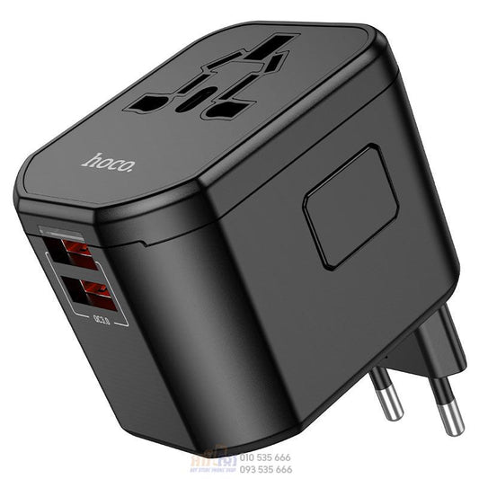 EssenceHomy Hoco Universal Adapter with dual and triple USB ports, fast charging, smart power distribution, and travel-friendly design.