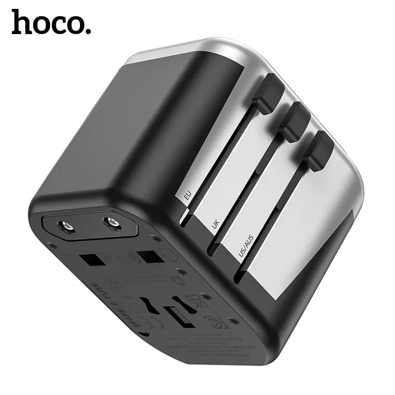 EssenceHomy Hoco Universal Adapter with dual and triple USB ports, fast charging, smart power distribution, and travel-friendly design.