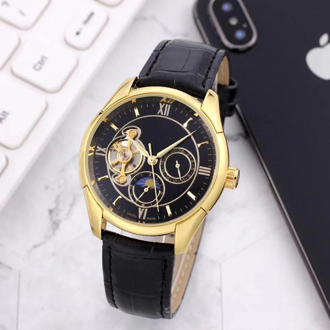 Elegant mechanical watch with a leather strap and stainless steel horseshoe buckle.