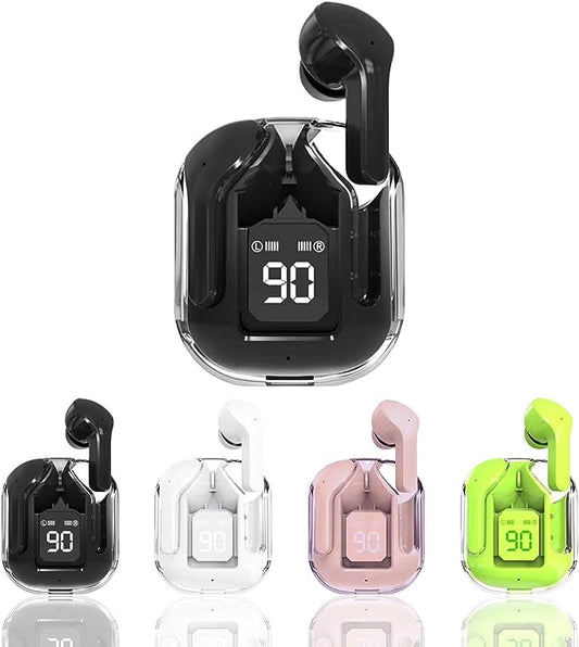 T6 Crystal Wireless Earbuds with Bluetooth 5.3, LED display, fast charging, waterproof design, and smart touch controls.