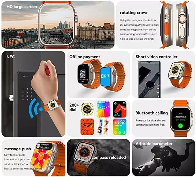 T800 Smartwatch 1.99" with Bluetooth calls, HD screen, fast charging, long battery life, and fitness tracking.