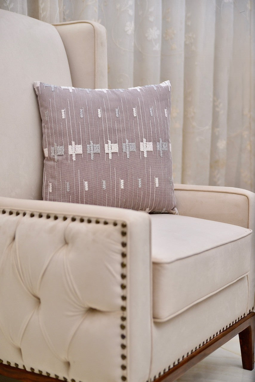 Turkish Mist cushion cover with intricate grey and off-white embroidery, inspired by Turkish craftsmanship