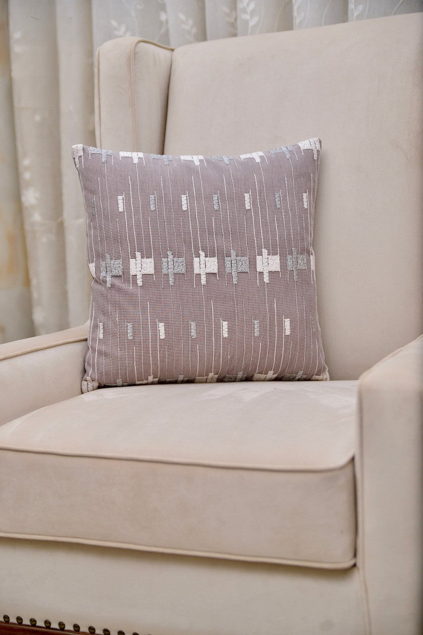 Turkish Mist cushion cover with intricate grey and off-white embroidery, inspired by Turkish craftsmanship