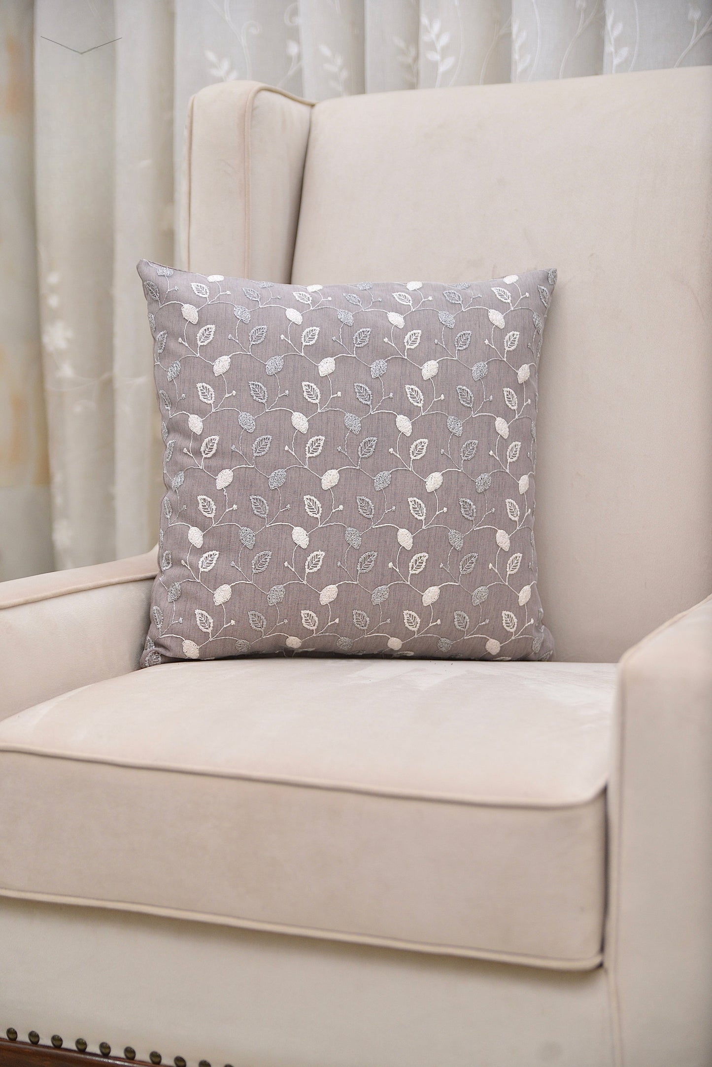 Turkish Sands Embroidered Cushion & Cushion Cover with off-white and beige net fabric, 18x18 inches, inspired by Turkish craftsmanship