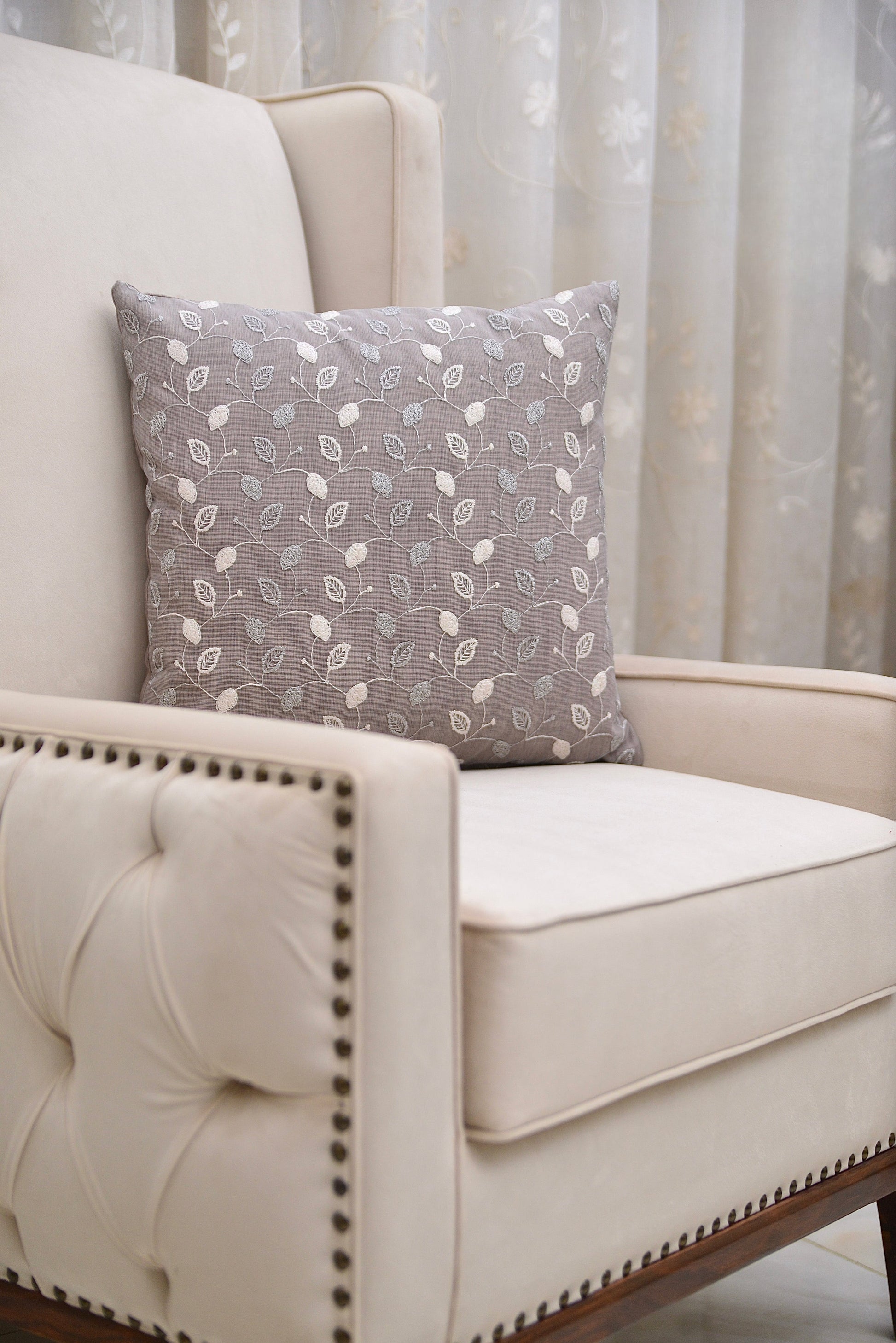 Turkish Sands Embroidered Cushion & Cushion Cover with off-white and beige net fabric, 18x18 inches, inspired by Turkish craftsmanship