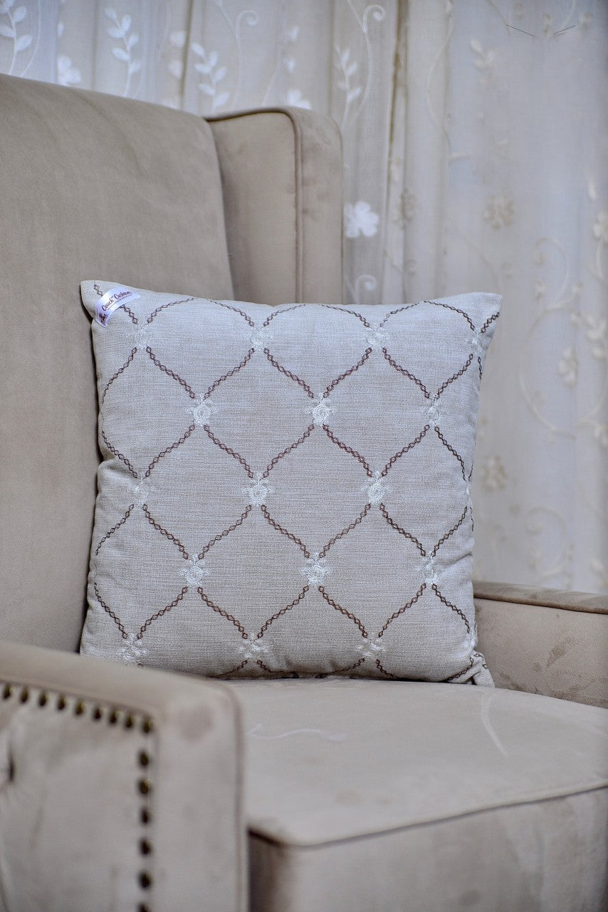 Velvet Elegance Embroidered Cushion & Cushion Cover with beige velvet and brown/off-white embroidery, 18x18 inches, luxurious home decor