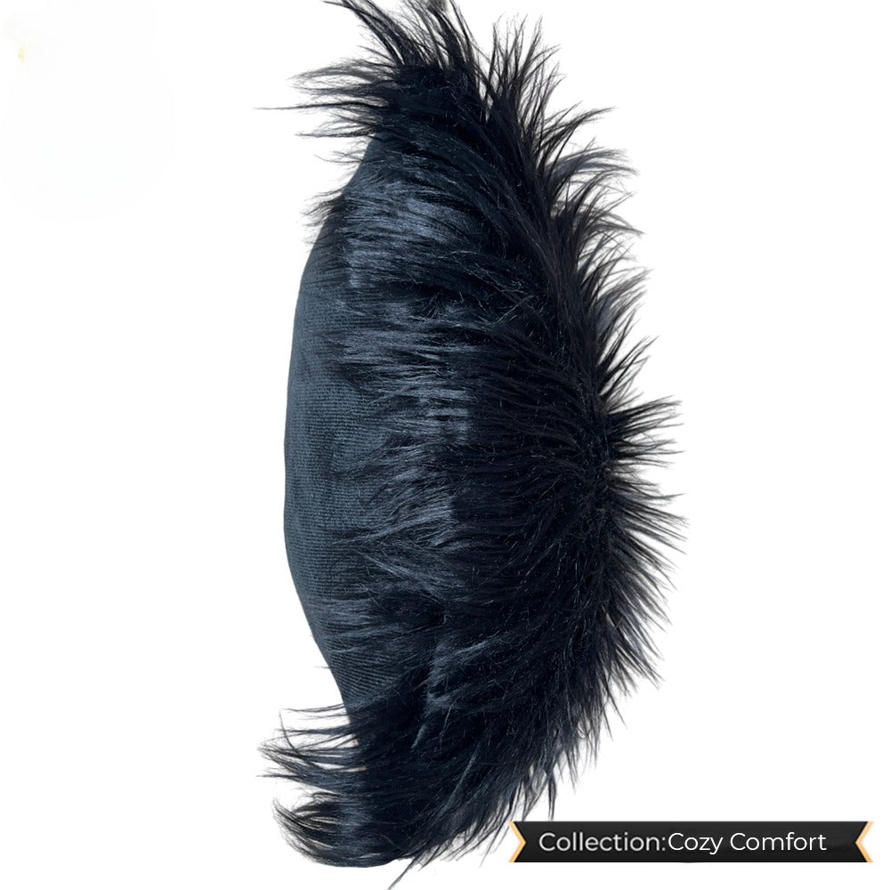 Black fuzzy cushion, soft and plush, ideal for cozy home decor.