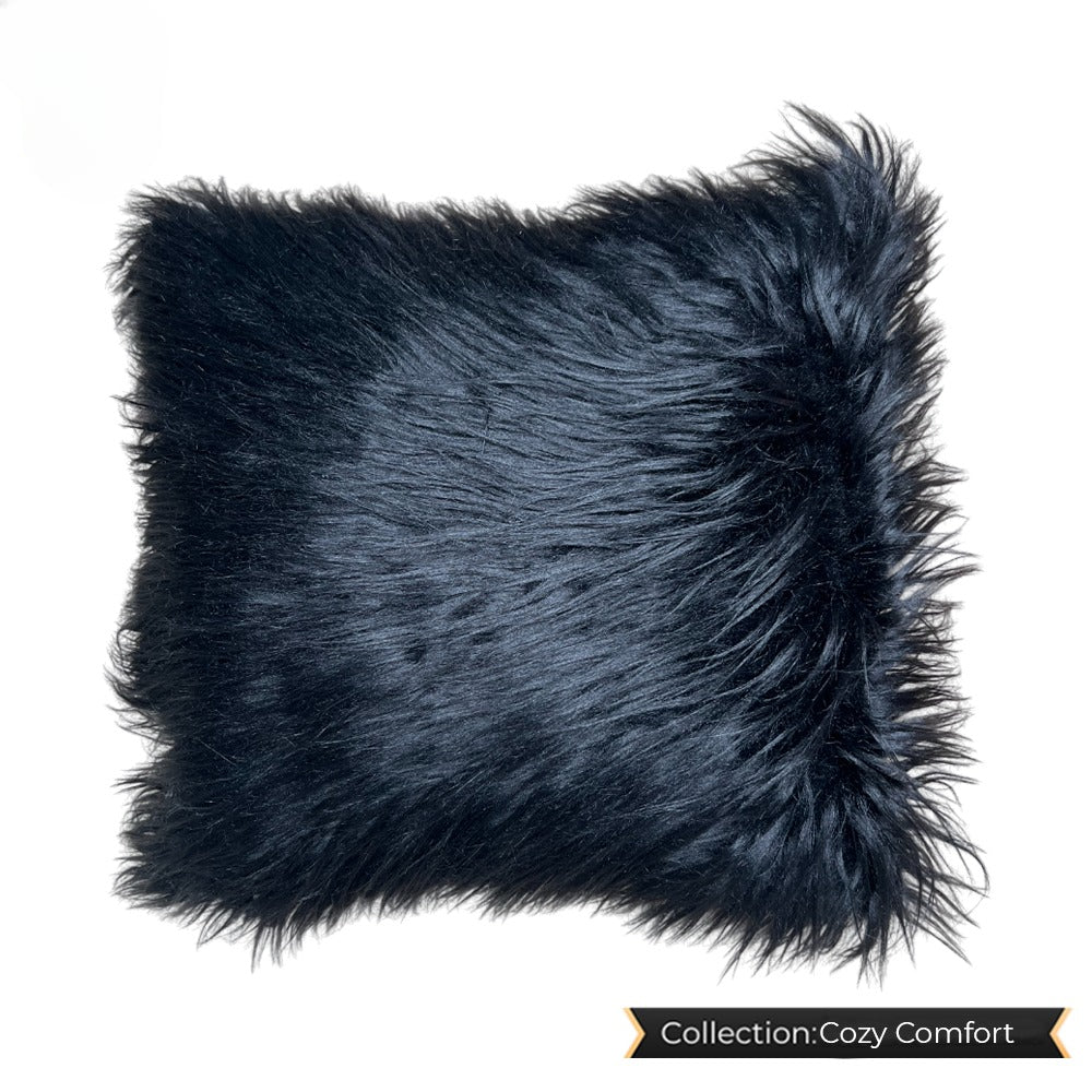 Black fuzzy cushion, soft and plush, ideal for cozy home decor.